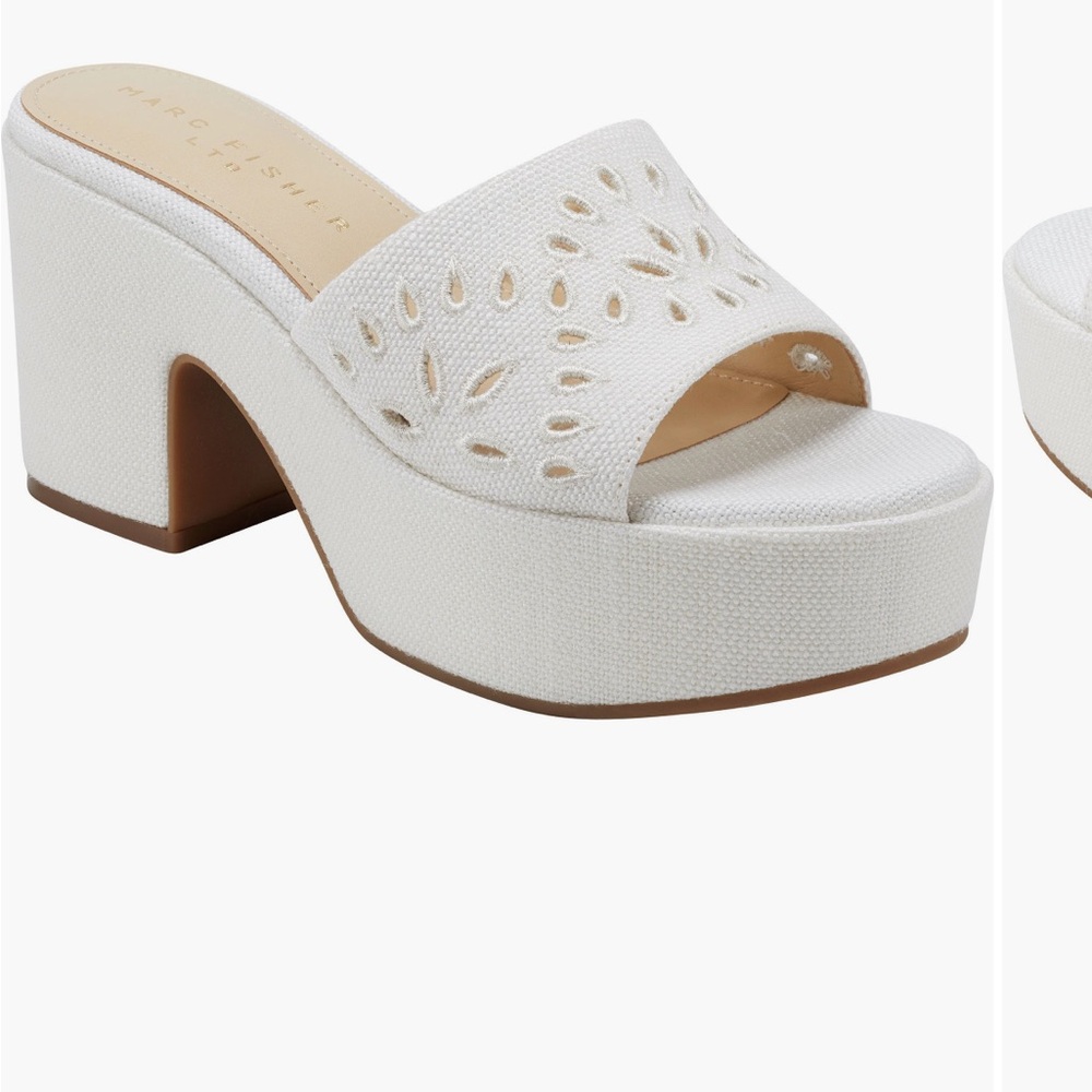 Marc Fisher White Mules with Chunky Heel and Laser-Cut Design